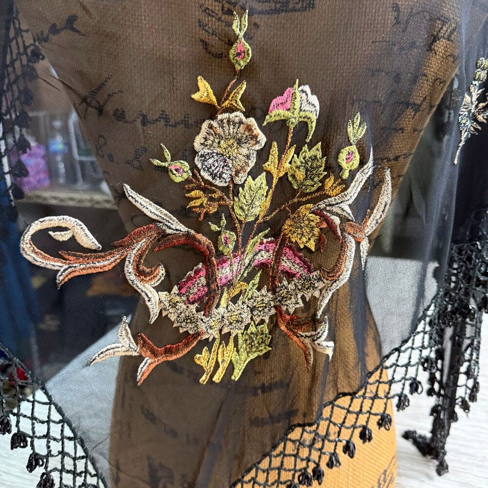 Vintage ATG Embroidered Beaded Fringe Scarf Wrap Shawl Whimsigoth Gypsy Boho‎ - Picture 5 of 16